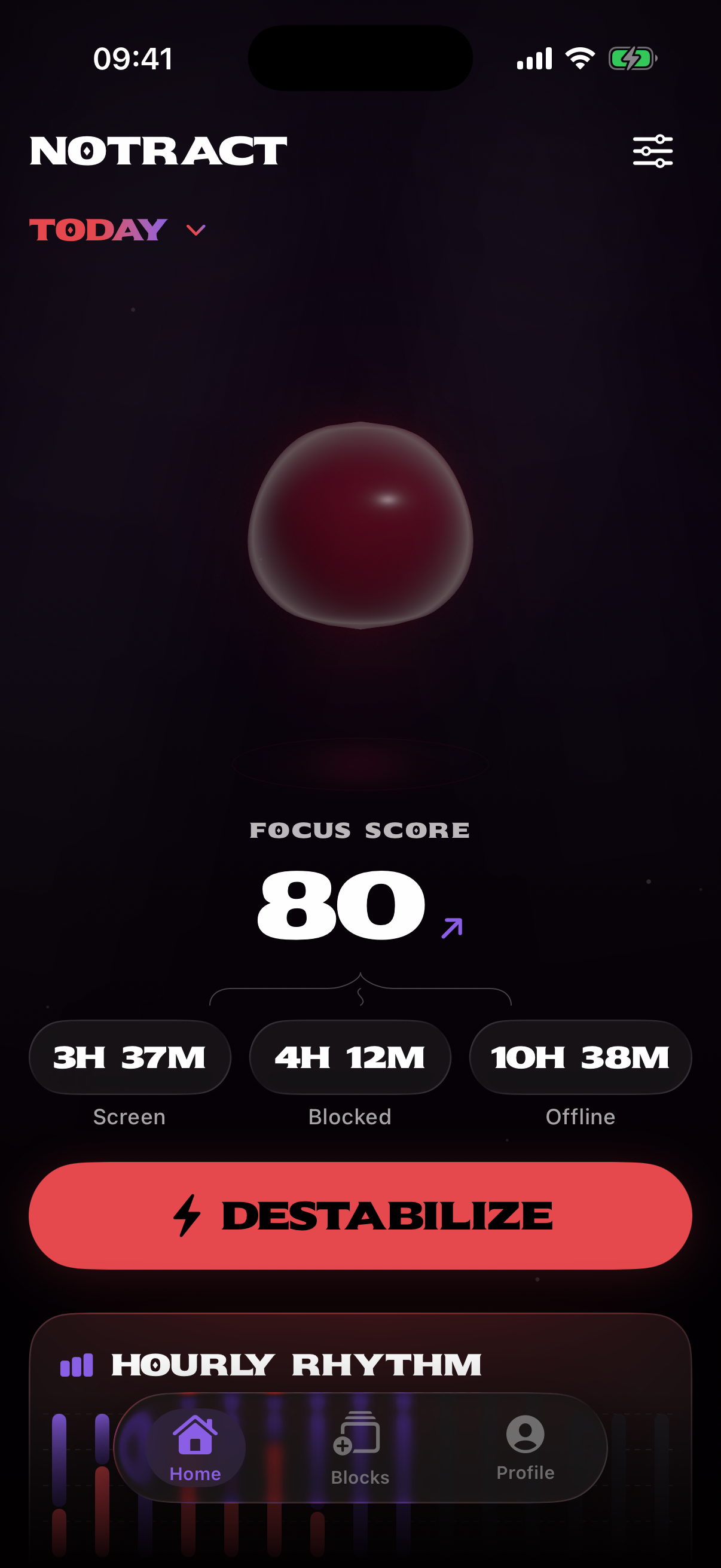 notract home screen showing the crimson attention droplet, focus score, screen and blocked time, and Destabilize button